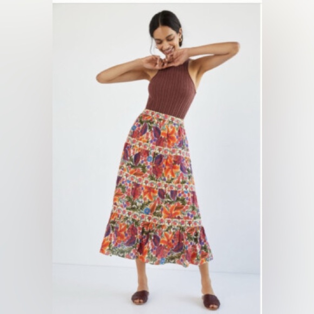 Farm Rio for Anthropologie tiered midi skirt size large